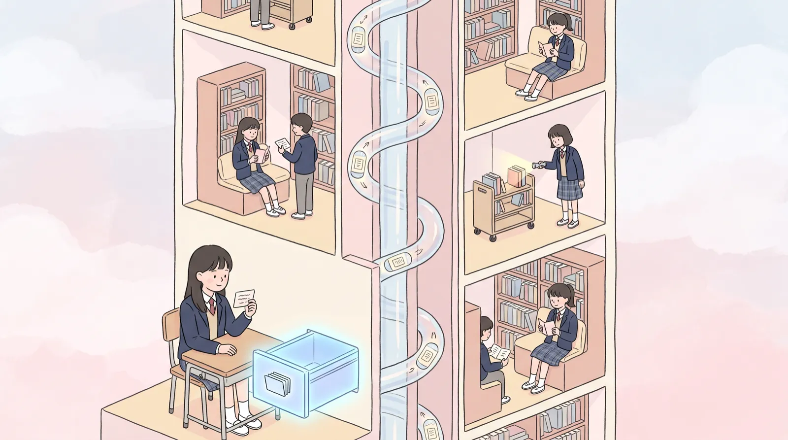 1층 학생이 요약 카드를 써서 빛나는 공용 서랍에 넣고, 관을 통해 같은 카드가 위층 학생들에게 전달되며, 한 층에서는 미리 추려 둔 카트에서 손전등으로 몇 권만 고르는 도서관 건물 단면 일러스트