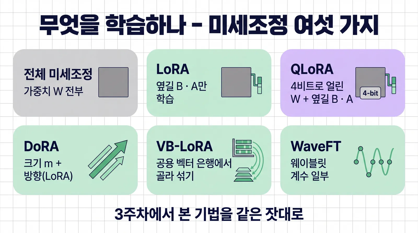 미세조정 여섯 가지가 무엇을 학습하는지 비교한 카드 그림. 전체 미세조정은 가중치 W 전부, LoRA는 옆길 B·A만 학습, QLoRA는 4비트로 얼린 W와 옆길 B·A, DoRA는 크기 m과 방향(LoRA), VB-LoRA는 공용 벡터 은행에서 골라 섞기, WaveFT는 웨이블릿 계수 일부. 3주차에서 본 기법을 같은 잣대로라는 설명이 있다