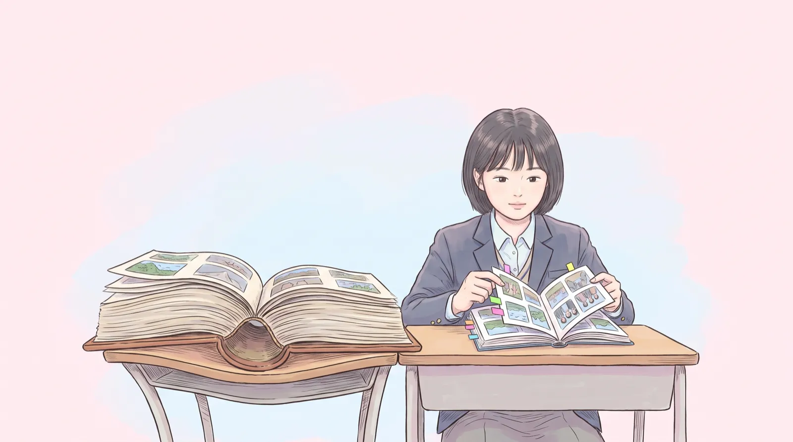 책상이 휠 만큼 두껍고 무거운 사진 앨범 옆에서, 같은 사진을 작게 인쇄한 얇은 책자를 손에 들고 색색의 메모 탭을 붙이는 학생 일러스트