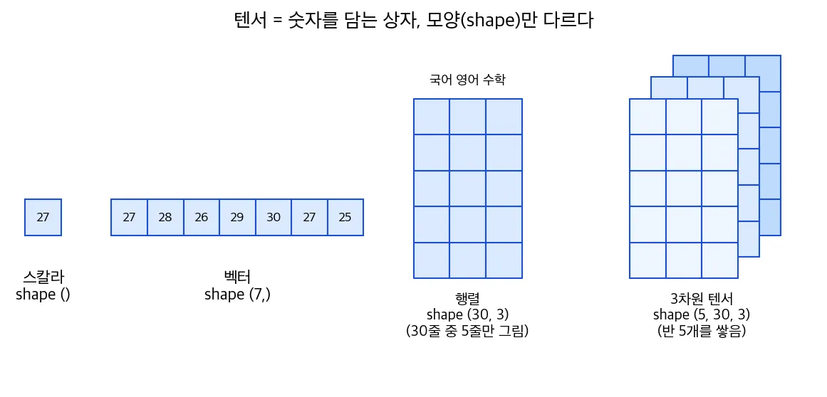 숫자 하나짜리 스칼라, 기온 7개를 일렬로 놓은 벡터, 30명의 세 과목 점수를 표로 놓은 행렬, 반 5개의 표를 겹쳐 쌓은 3차원 텐서를 모양(shape)과 함께 보여주는 그림