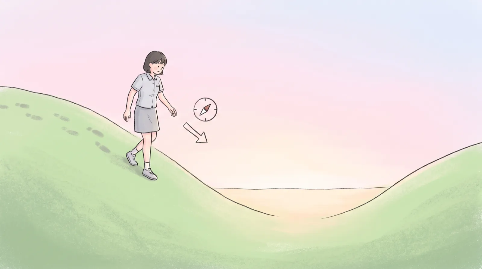 학생이 완만한 풀밭 언덕을 작은 걸음으로 내려가며 골짜기 바닥으로 향하고, 뒤에는 발자국이, 옆에는 내리막을 가리키는 나침과 화살표가 있는 일러스트
